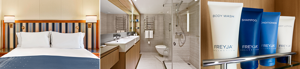 Mosaic of a stateroom bed, a bathroom and a display of various toiletries